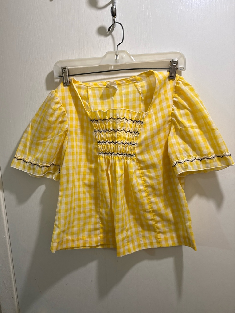 Women Vtg 70s  Flowy western cottage Yellow Gingham Smocked Square-Neck Dress